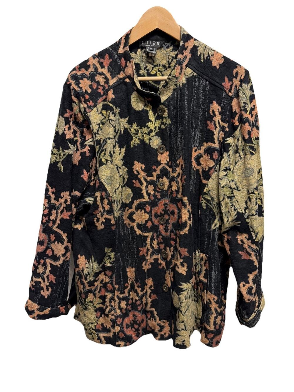 Citron Santa Monica Floral Print Jacket Button Up Medallion Blazer 2x Burnout